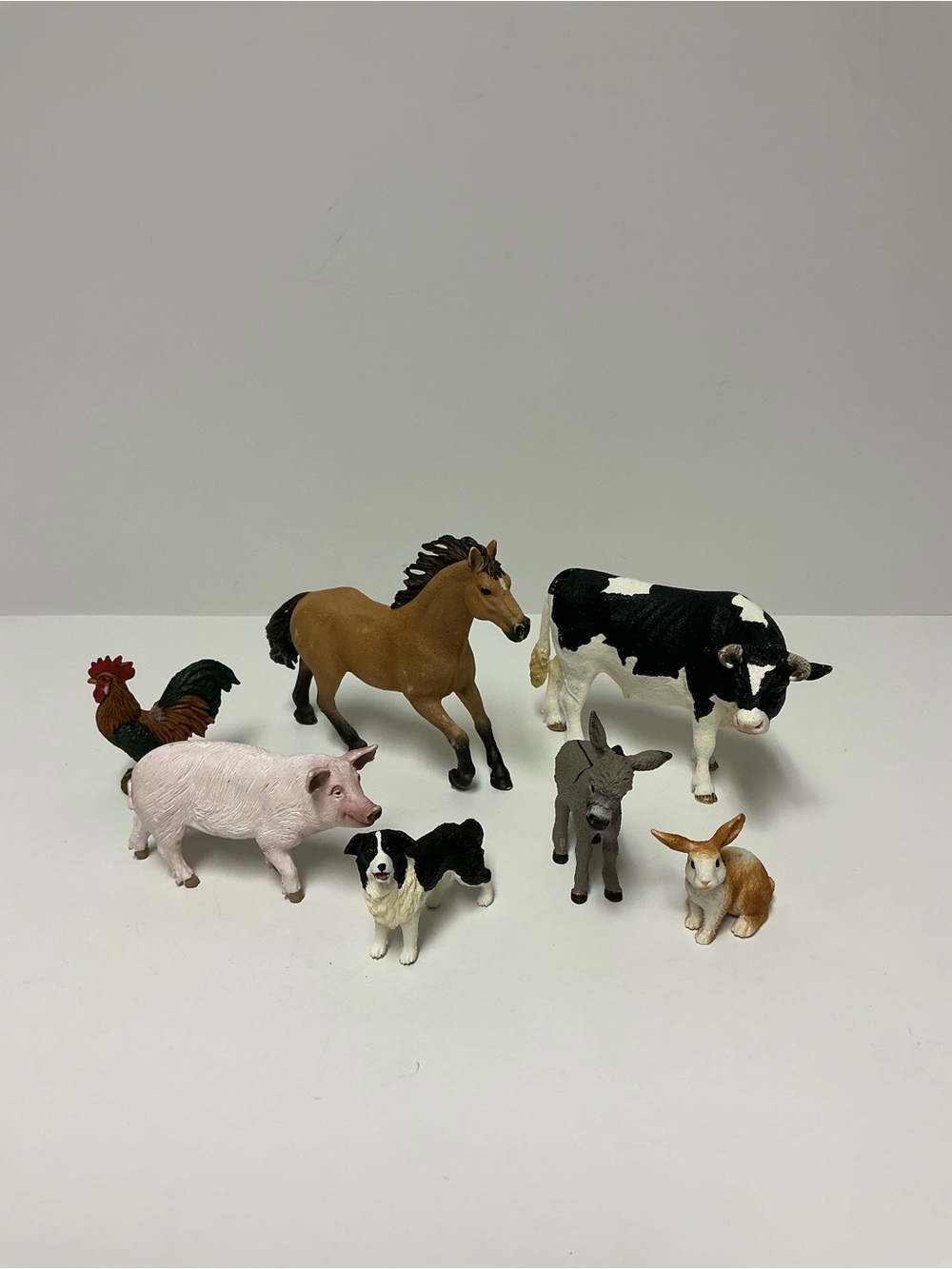 Schleich Farm Animals Lot 7 Figures Horse Pig Rooster Holstein Bull Donkey Dog